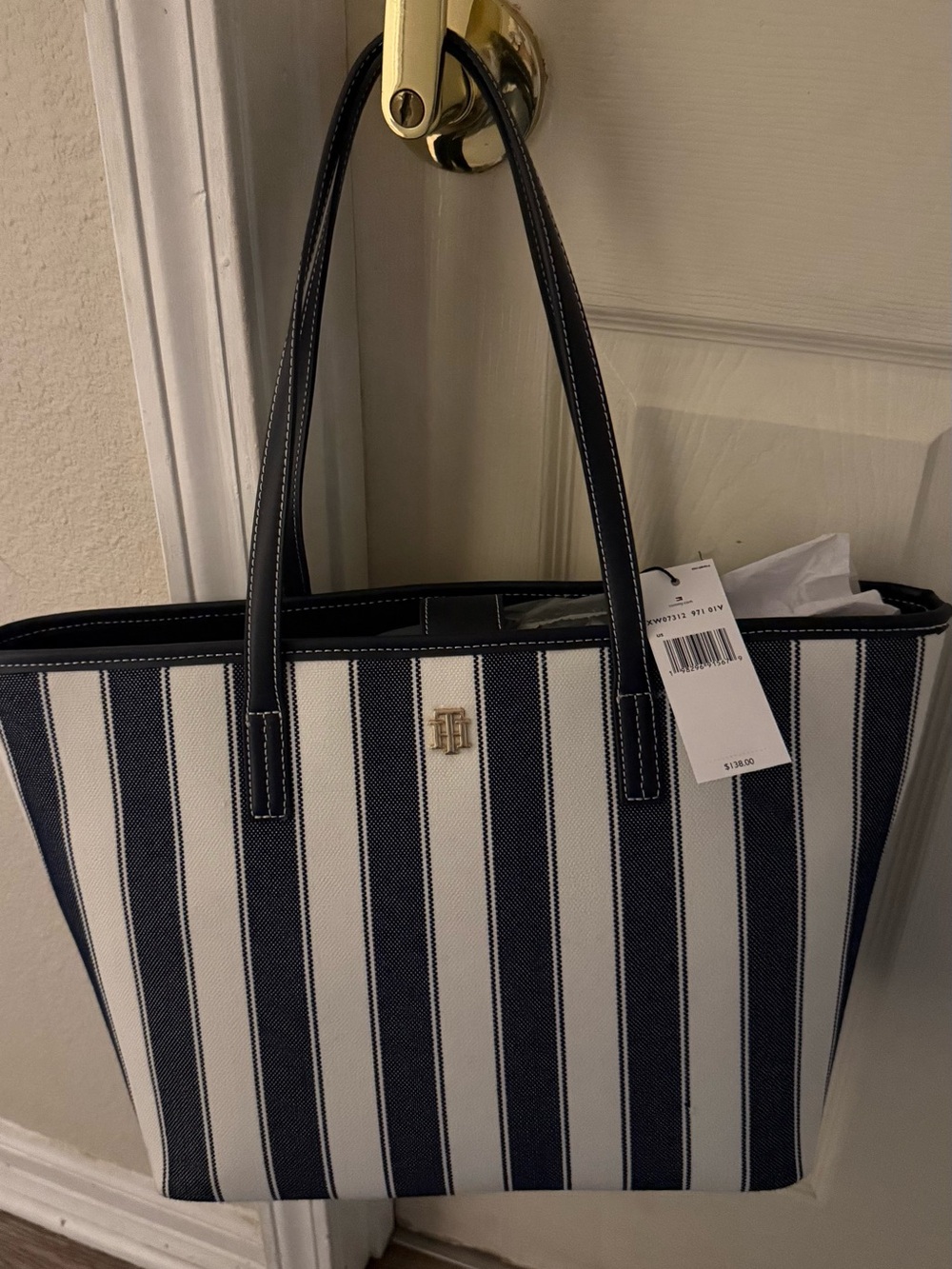 Tommy Hilfiger Navy and White Vertical Stripe Tote